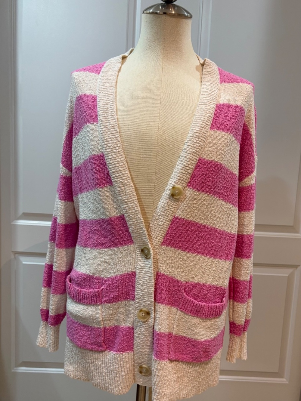 LOFT Pink & Cream Striped Oversized Cardigan Sweater | Medium
